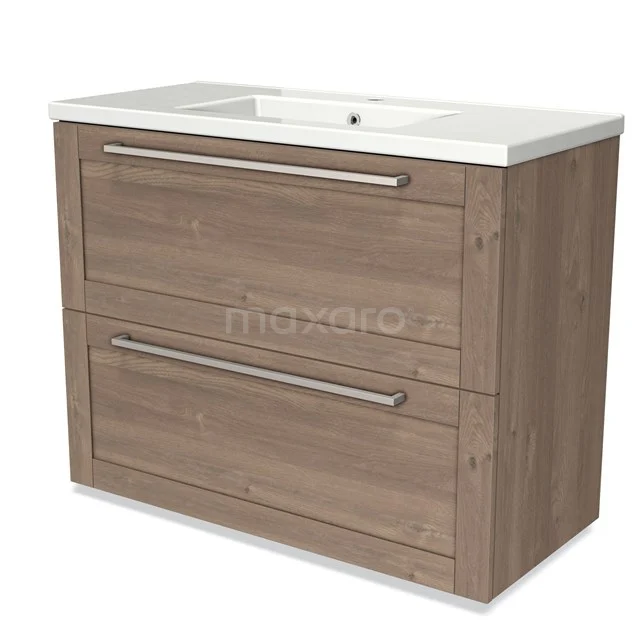 Modulo Waschtische | 100 cm Mittelbraune Eiche Rahmen front Keramik 2 hohe Schubladen übereinanderliegend BMW13-01025 Holz Badezimmermöbel mit zwei breiten Schubladen in Eiche-Optik, ausgestattet mit einem weißen keramischen Waschbecken und metallischen Haltegriffen.