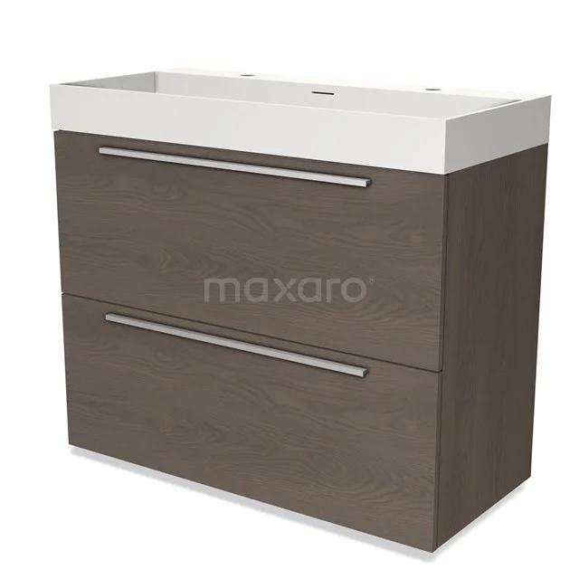 Houten badkamermeubel met twee lades en metalen grepen, inclusief witte wastafel.