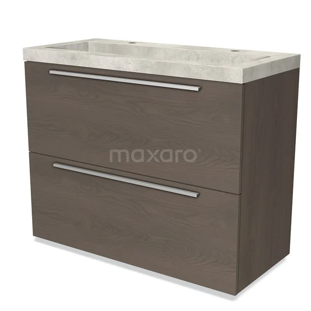 Houten badkamermeubel met twee lades, modern design en een natuurstenen wastafel; ideaal voor een stijlvolle badkamer.