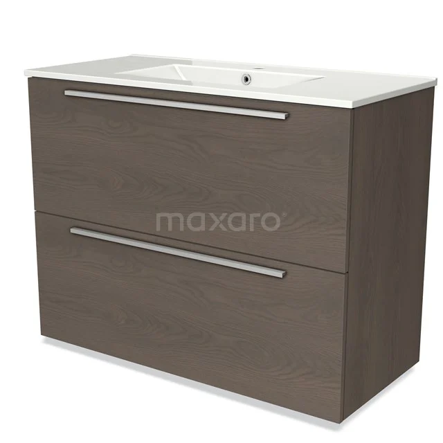 Modulo Vanity units with basin | 100 cm Dark brown oak Flat front Ceramic 2 stacked drawers under each other BMW13-01049