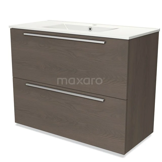 Houten badkamermeubel met twee lades, moderne grepen en een witte wastafel; stijlvolle opbergruimte voor de badkamer.
