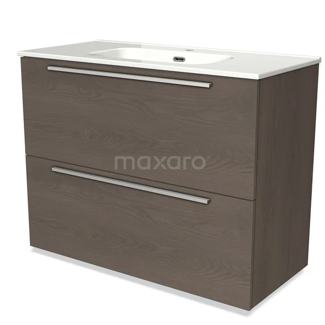 Bathroom unit wood-look with two drawers, ceramic vanity units with basin and sleek handles, ideal for modern bathroom storage.