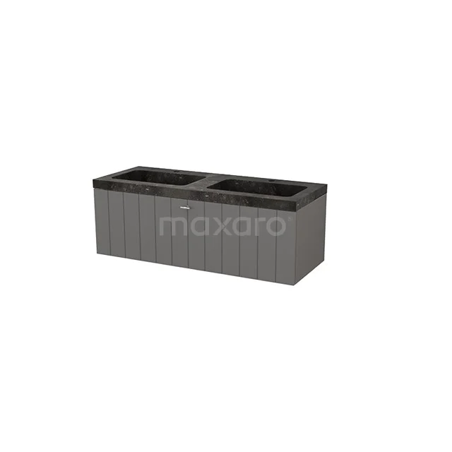Grey plastic storage bench with modern slat structure, ideal for bathroom storage of towels and accessories.