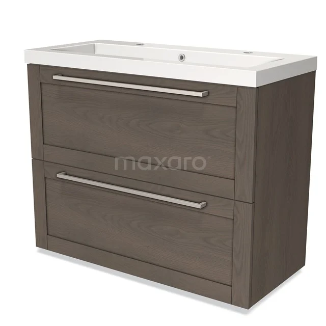 Dark wood bathroom unit with two drawers and metal handles, including white vanity units with basin, modern design.