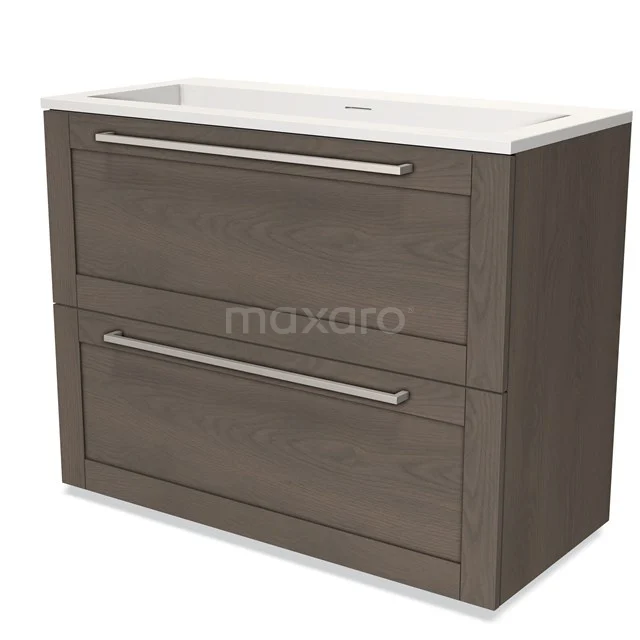 Wooden bathroom unit with double drawers, dark brown, modern design, fitted with metal handles and ceramic basin.