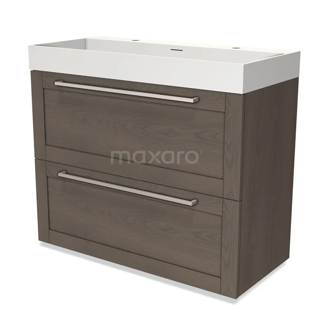 Wooden Bathroom unit with white vanity units with basin, two drawers with metal handles, stylish and practical for any modern bathroom.