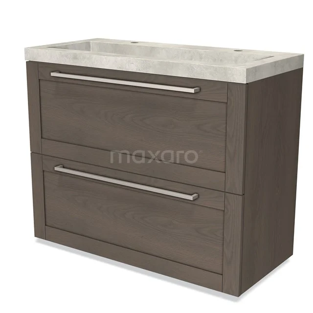Modulo Vanity units with basin | 100 cm Dark brown oak Frame front Concrete 2 stacked drawers under each other BMW13-01067 Wooden bathroom unit with marble basin, 2 drawers with metal handles. Modern design, ideal for bathroom storage.