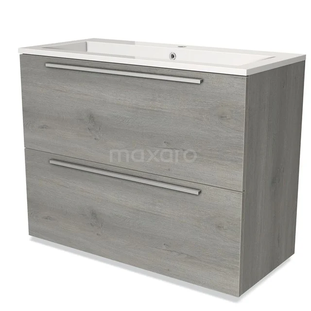 Grey bathroom furniture set with wood look and two drawers, including integrated basin for stylish bathroom design.