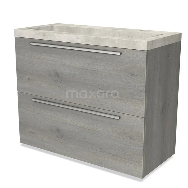 Modulo Waschtische | 100 cm Graue Eiche Flach front Beton 2 hohe Schubladen übereinanderliegend BMW13-01087 Graue Holz-Waschbeckenunterschrank mit zwei Schubladen, modernes Erscheinungsbild, geeignet für stilvolle Bäder.