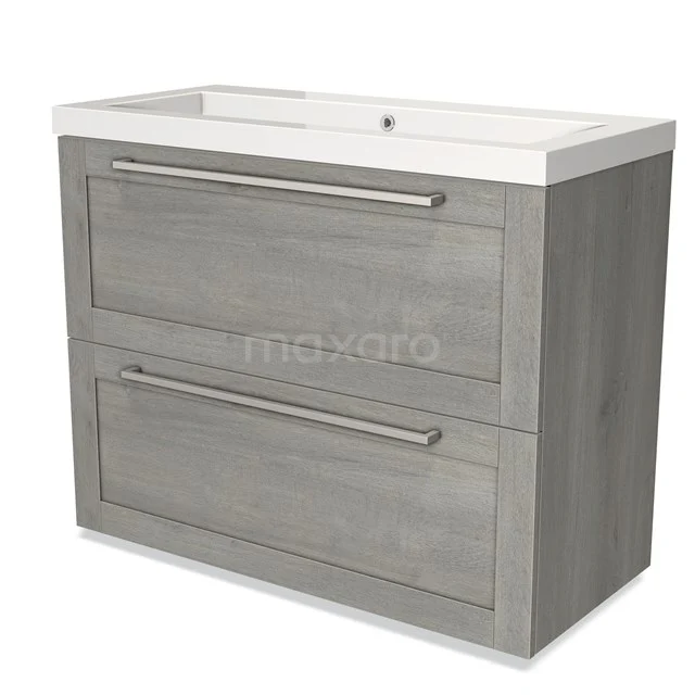 Modulo Vanity units with basin | 100 cm Grey oak Frame front Mineral marble 2 stacked drawers under each other BMW13-01094 Grey wooden Bathroom unit with two drawers, metal handles and a white vanity units with basin, ideal for modern bathrooms.