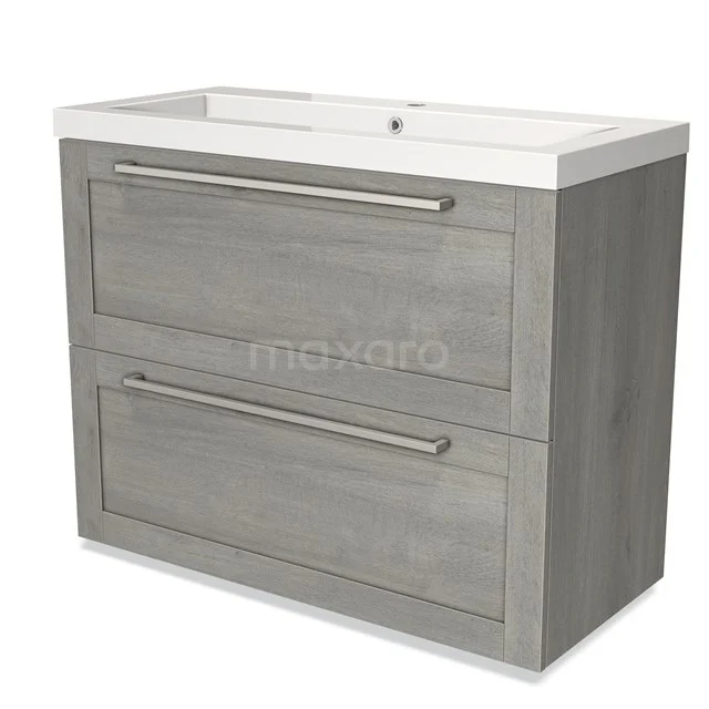 Grey wooden bathroom furniture set with two drawers, silver handles and a white ceramic basin.
