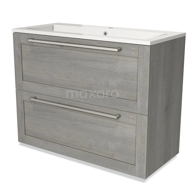 Modulo Vanity units with basin | 100 cm Grey oak Frame front Mineral marble 2 stacked drawers under each other BMW13-01098 Grey wooden bathroom unit with two drawers, sleek Stainless steel handles and integrated vanity units with basin.