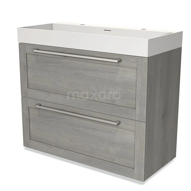 Modulo Bathroom furniture with sink | 100 cm Grey oak Frame front Solid surface 2 stacked drawers under each other BMW13-01104 Grey wooden Bathroom unit with two drawers and white vanity units with basin, modern design ideal storage solution for the bathroom.