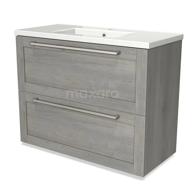 Grey wooden vanity unit with two drawers and a white ceramic basin, ideal for a modern bathroom.