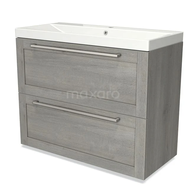 Modulo Badkamermeubel met wastafel | 100 cm Grijs eiken Kader front Keramiek 2 hoge lades onder elkaar BMW13-01108