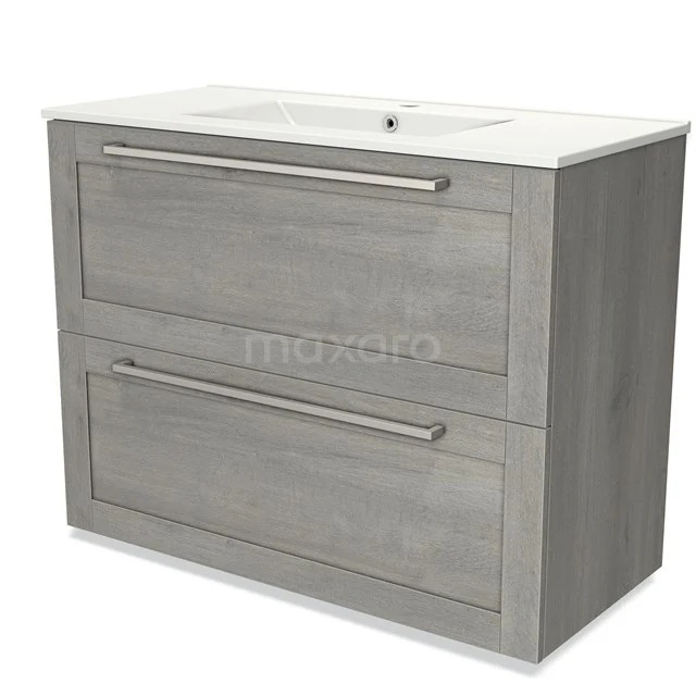 Grey wooden bathroom unit with double drawers and built-in vanity units with basin, sleek design, perfect for modern bathrooms.