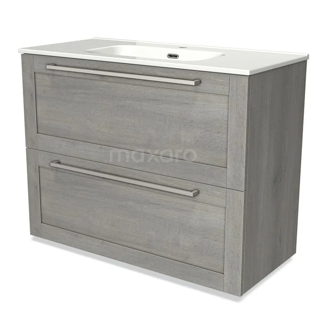 Modulo Vanity units with basin | 100 cm Grey oak Frame front Ceramic 2 stacked drawers under each other BMW13-01112 Grey oak bathroom unit with two drawers, metal handles and a white vanity units with basin; clean and modern design.