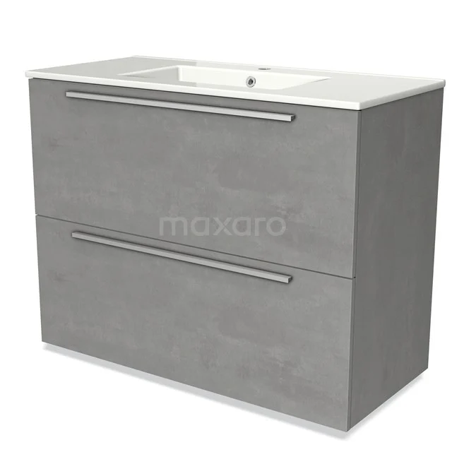 Grijs badkamermeubel met betonlook, twee lades en ingebouwde wastafel, modern design, ideaal voor stijlvolle badkamers.
