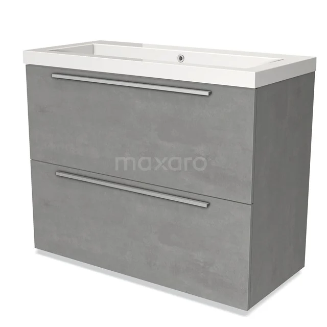 Grijze badkamermeubelset met betonnen look, twee lades en een geïntegreerde wastafel, ideaal voor een moderne badkamer.