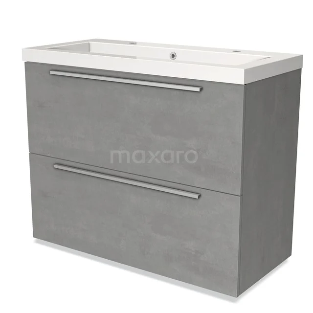 Grijs wastafelmeubel met betonlook, twee lades en chroom handgrepen, ideale opbergruimte voor de moderne badkamer.