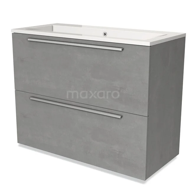 Grijze badkamermeubel set met twee lades, geïntegreerde wastafel en modern betonlook design.