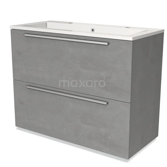 Grijze badkamermeubel met betonlook, twee lades en ingebouwde wastafel; moderne en strakke stijl voor de badkamer.