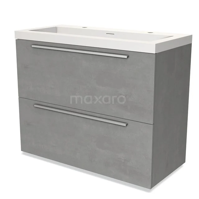 Grijze wastafelmeubel met twee lades, moderne betonlook en strakke handgrepen, perfect voor een stijlvolle badkamerinrichting.