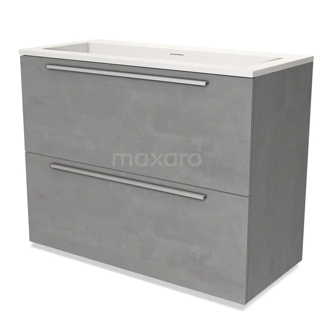 Grijze badkamermeubelset met betonnen look, dubbele lades en geïntegreerde wastafel, modern design.