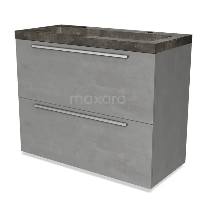 Grijze badkamermeubel met betonnen wastafelblad, twee lades en moderne handgrepen, ideaal voor een stijlvolle badkamerinrichting.