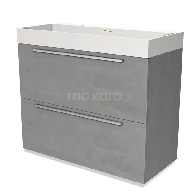 Grijze badkamerkast met twee lades, witte wastafel, strak design, gemaakt van houtcomposiet, ideaal voor moderne badkamers.