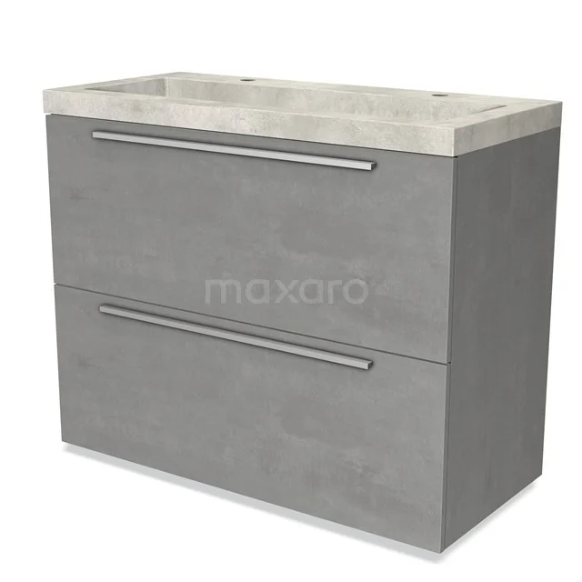Grijze badkamermeubel met betonnen wastafel, modern design, twee lades met zilverkleurige handgrepen, geschikt voor iedere badkamer.