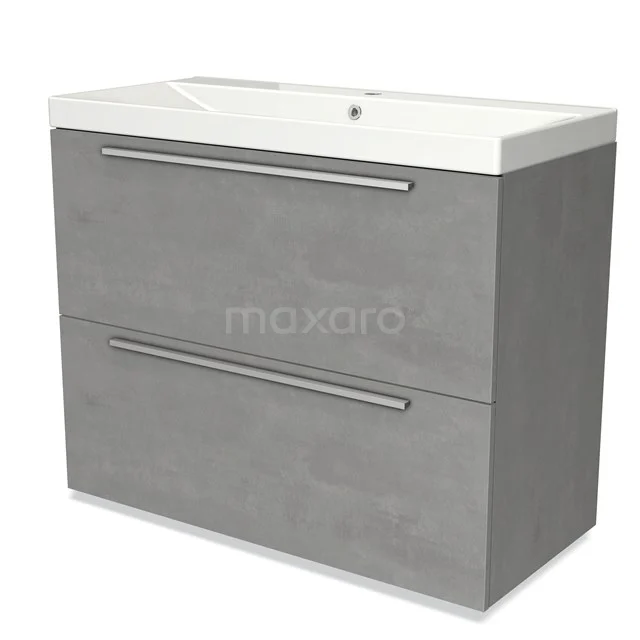 Graues Badezimmermöbel mit doppelten Schubladen, Betonlook und stilvollen metallischen Haltegriffen, einschließlich weißem Waschbecken.