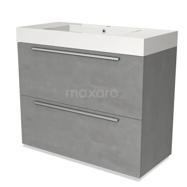 Grijze badkamermeubelset met wastafel, twee lades, strak design en met betonlook afwerking. Perfect voor moderne badkamers.