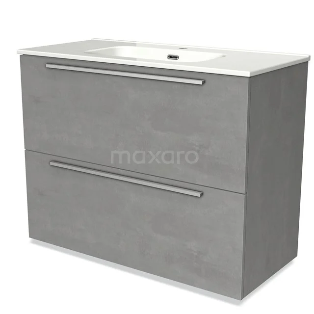Grijze badkamermeubel met twee lades, betonlook afwerking en keramische wastafel. Modern design voor stijlvolle badkamers.