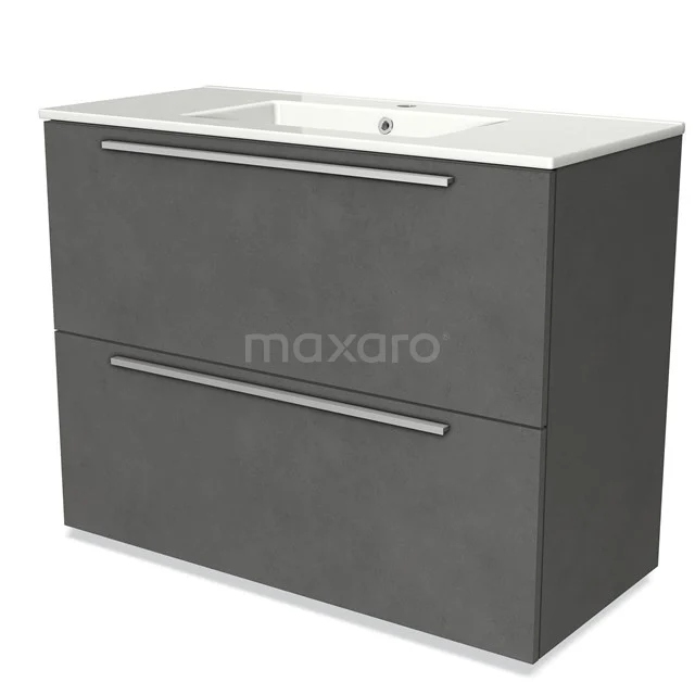 Grijze badkamermeubel set met betonlook, twee lades en een witte wastafel; modern design voor stijlvolle badkamers.