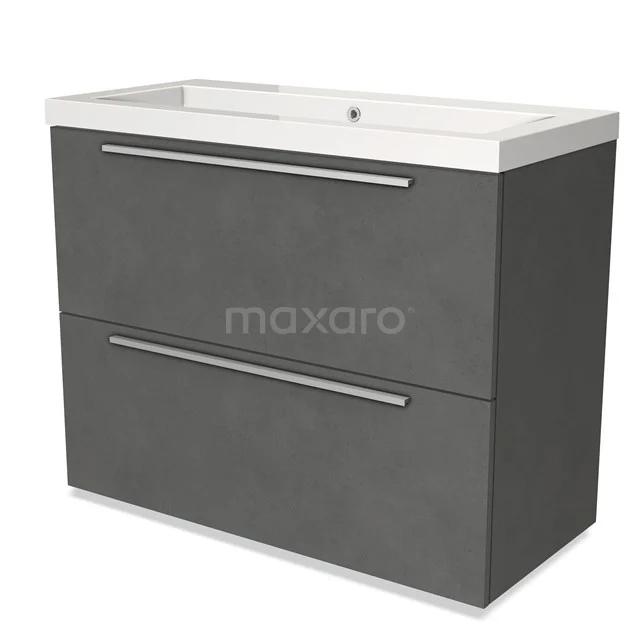 Grey bathroom furniture set with two drawers, matte white finish, white ceramic basin and sleek chrome handles.