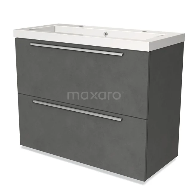 Dark grey bathroom furniture set with two drawers, sleek metal handles and a white ceramic basin worktop.