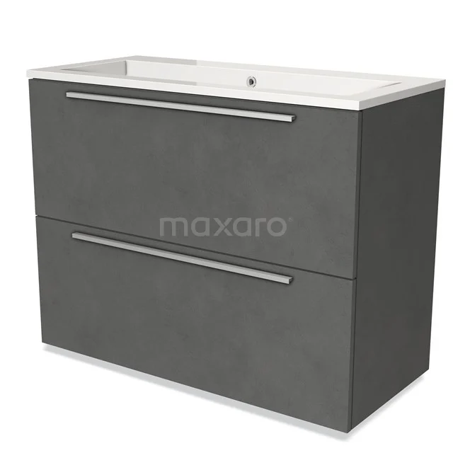 Grijze badkamermeubel met dubbele lades, strak design en geïntegreerde wastafel, ideaal voor moderne badkamers.
