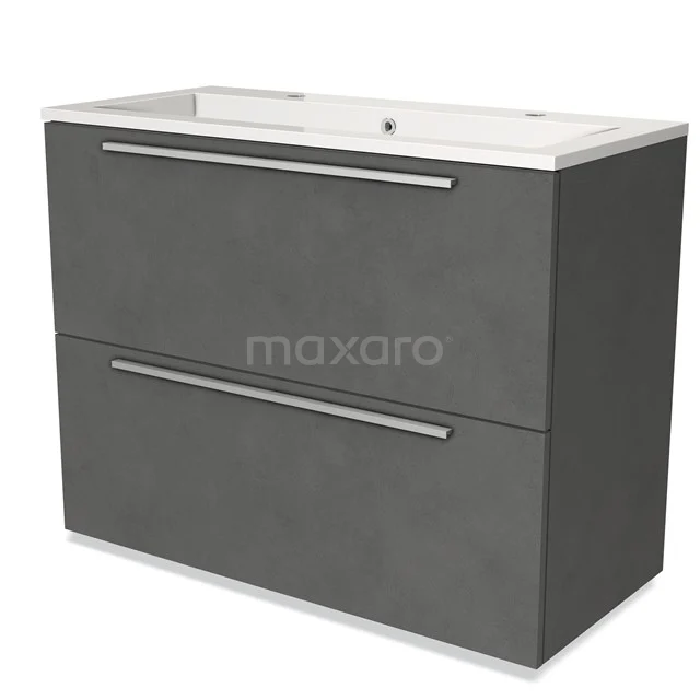 Grijze badkamermeubel met wasbak, twee lades en metalen handgrepen, strak design in betonlook.