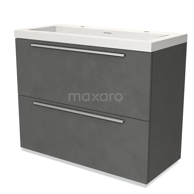 Grijze badkamerkast met twee lades, modern design, voorzien van een witte wastafel, ideaal voor stijlvolle badkamers.
