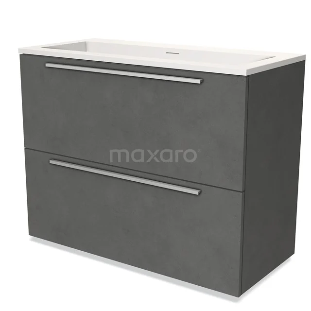 Grey bathroom furniture set with concrete look, two drawers and integrated white basin for modern bathrooms.