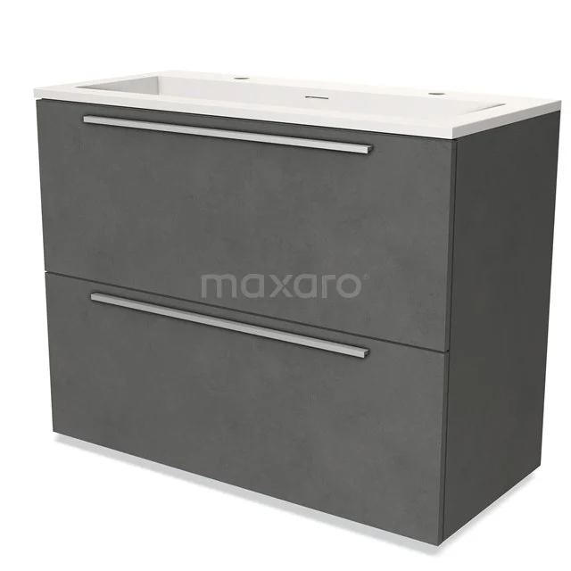 Grijs badkamermeubel met twee lades, minimalistisch design en keramische wastafel, ideaal voor moderne badkameropslag.