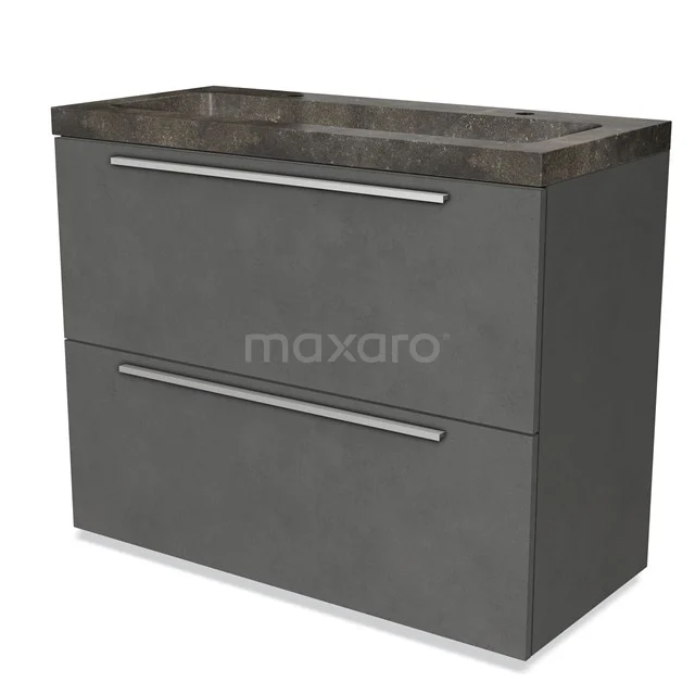 Grijze badkamermeubelset met betonnen wastafel, modern design en twee ruime lades voor praktische opbergruimte.
