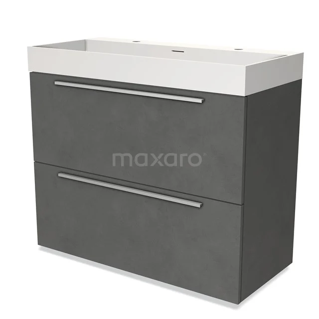 Donkergrijze badmeubelset met betonlook, twee lades en een witte wastafel. Stijlvol ontwerp voor moderne badkamers.