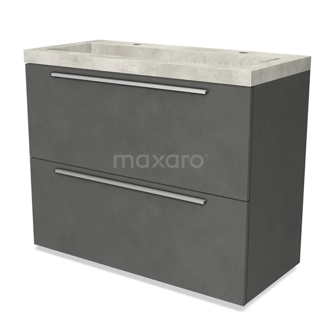 Grijs badkamermeubel met 2 lades, betonnen wastafelblad en slanke handgrepen, ideaal voor een moderne badkamerstijl.
