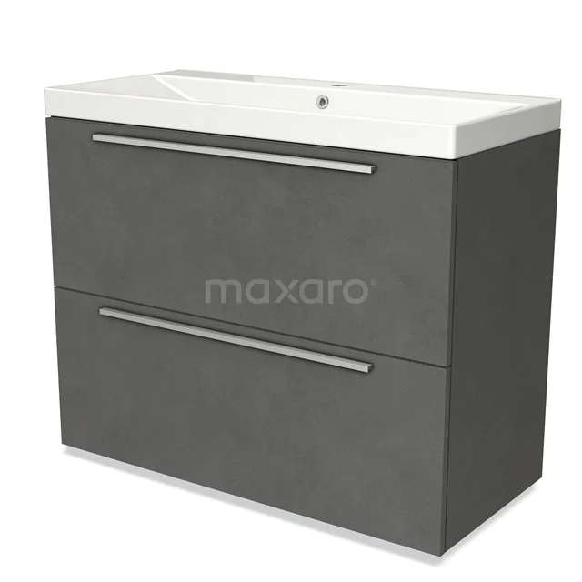 Grey bathroom unit with two drawers and white ceramic basin, modern design with clean lines.
