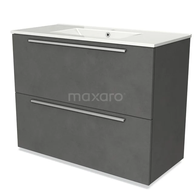Grijze badkamermeubelset met dubbele lades, modern design, keramische wastafel en strakke metalen handgrepen.
