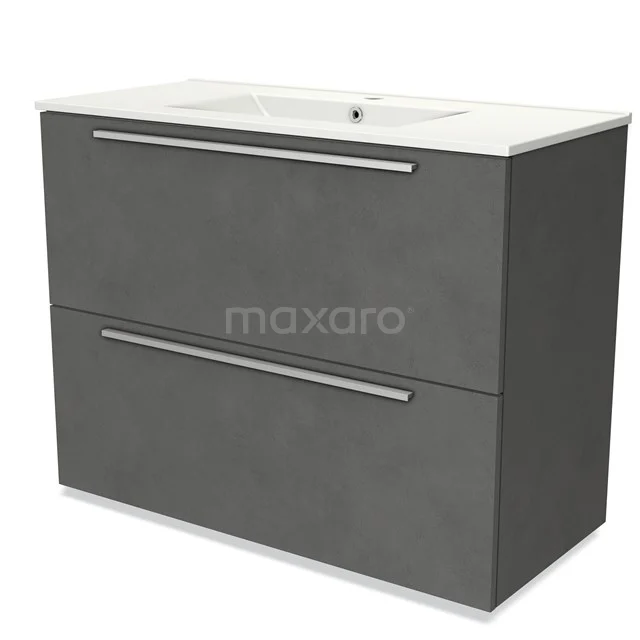 Donkergrijs badkamermeubel met twee lades, strakke metalen handgrepen en witte wastafel, modern design.