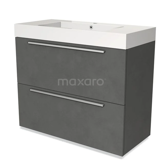 Donkergrijze wastafelonderkast met twee lades, witte keramische wasbak en strakke handgrepen, ideaal voor moderne badkamers.
