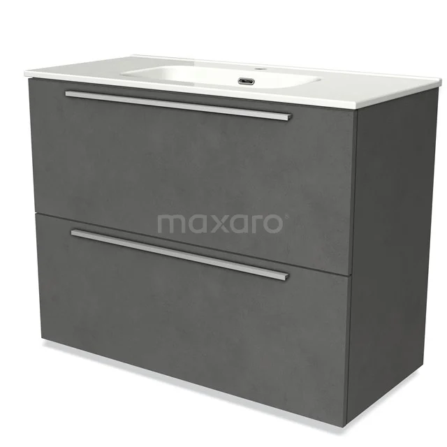 Grijs badkamermeubel met 2 lades, metalen handgrepen en witte wastafel; modern design van duurzaam materiaal.